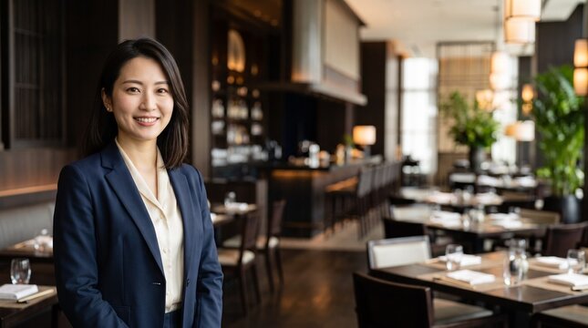 プロフィール写真をイメージした、無人の高級レストランを背景に立ち、穏やかな笑顔をカメラに向けている知的な印象の20代日本人女性社員のバストアップポートレート