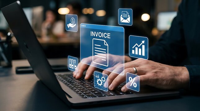 Hands typing invoice on laptop with digital financial icons for business accounting software