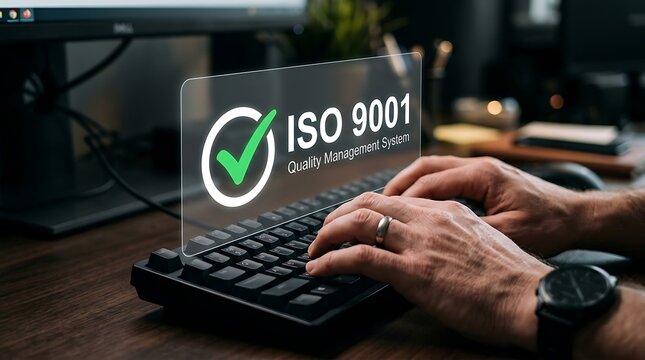 Hands typing on keyboard with holographic ISO 9001 quality management system interface display