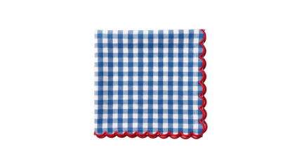 Obraz premium Blue and white gingham checkered cloth napkin with red scalloped border on white background
