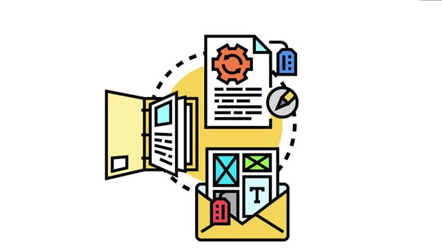Branded template assets concept showing document pages, a folder with branding elements, and an envelope outlining design, identity, and corporate style for creative projects