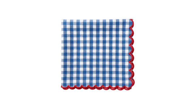 Blue and white gingham checkered cloth napkin with red scalloped border on white background