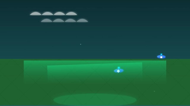 Minimalist Pixelated Space Scene with Floating Blue Objects and Clouds