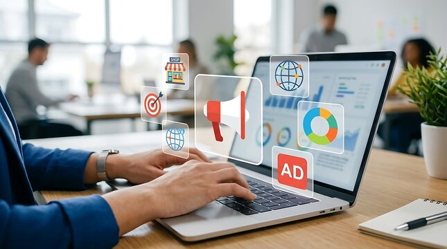 Professional hands typing on laptop with digital marketing icons in modern office workspace