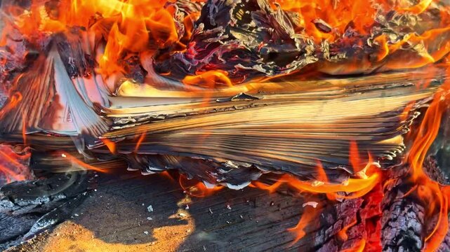 Fiery destruction of a book as flames consume its pages in a blazing bonfire concept