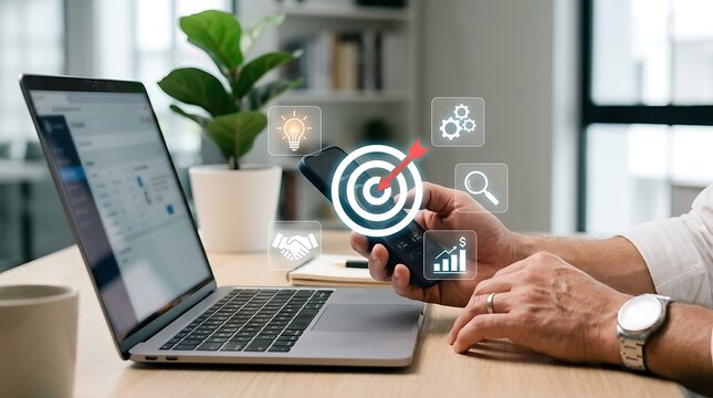 Business person using smartphone and laptop with digital marketing target icons overlay