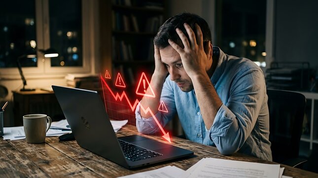 Stressed professional looking at laptop with falling stock market graph and warning icons