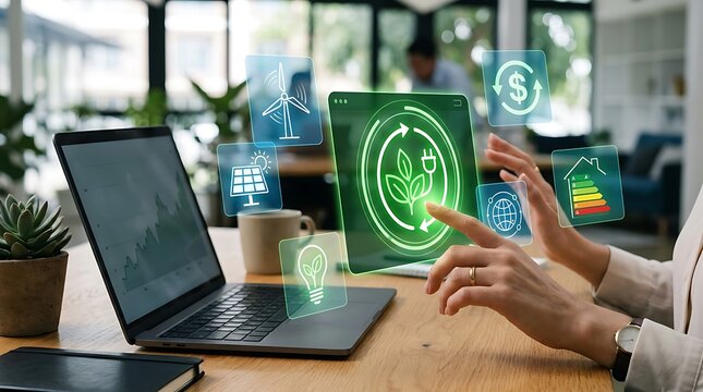 Professional using digital interface for sustainable energy and green technology management.