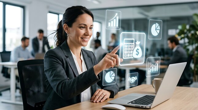 Businesswoman interacting with digital financial data interface in modern office