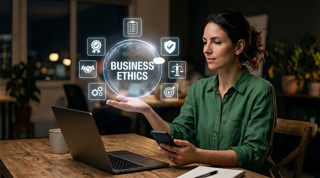 Businesswoman interacting with digital business ethics hologram in modern office workspace.