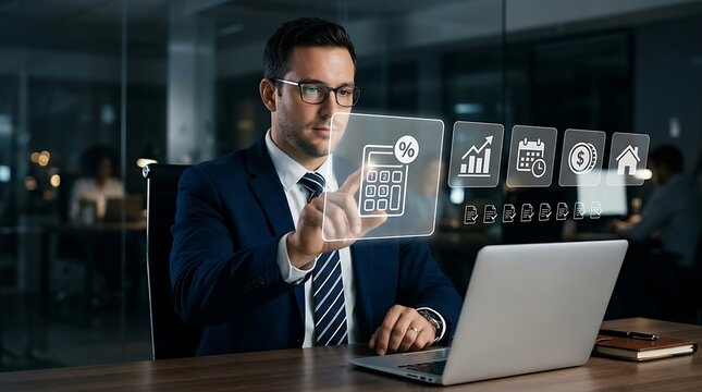 Businessman interacting with digital holographic interface in modern office at night