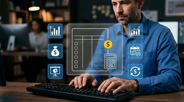 Professional accountant using digital financial software with virtual data analytics interface