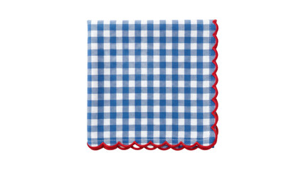 Obraz premium Blue and white gingham checkered cloth napkin with red scalloped border on white background
