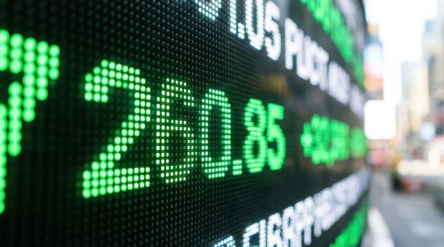 Stock market ticker displaying green digital numbers and text on large outdoor screen.