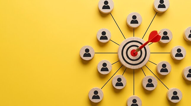 Red arrow hitting center of target with connected wooden people icons on yellow background