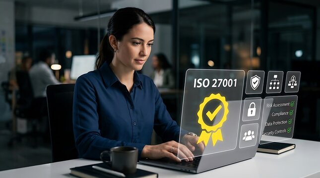 Businesswoman working on laptop with ISO 27001 information security compliance digital icons