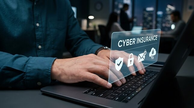 Professional typing on laptop with digital cyber insurance interface in office environment