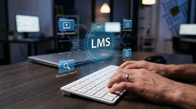 Person typing on keyboard with digital LMS learning management system interface overlay