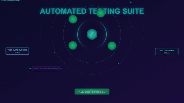 Digital Interface Showing Automated Testing Suite Success with Glowing Nodes