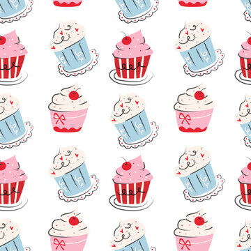 Hand drawn cupcake and dessert seamless pattern in pink, blue and red. Vector doodle background for bakery and packaging