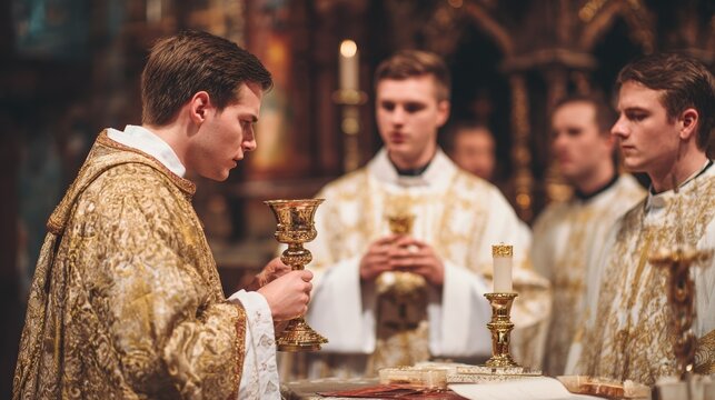 Young priest holding a golden chalice during a church service. Seminarians in white and gold vestments at the altar. Christian eucharist liturgy concept