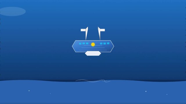Stylized Illustration of a Submarine Floating Over Ocean Waves with Sunlight