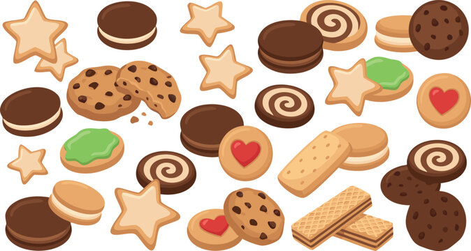 Cute cookies vector icon set featuring chocolate chip biscuits sandwich cookies wafers swirl shortbread stars and jam hearts for sweet bakery pastry shop menu branding design elements