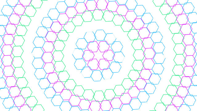 Intricate digital art display with repeating hexagonal mesh pattern in various vibrant neon colors on black