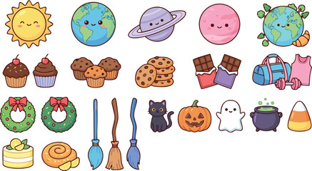 Cute kawaii mixed sticker collection featuring adorable space planets sweet food desserts gym fitness halloween and christmas elements for children scrapbooking planner design vector. © Sariful