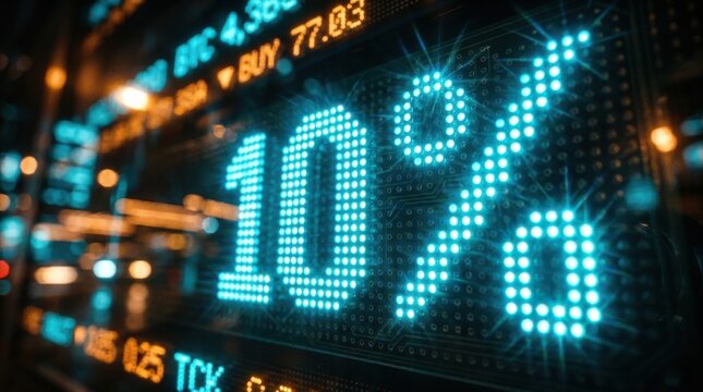Stock market trading screen displays a blue 10% increase with upward arrow and financial data.