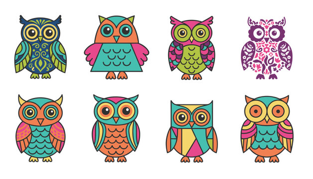 Delightful set of eight unique cartoon owl characters, each decorated with distinct vibrant colors and geometric patterns.