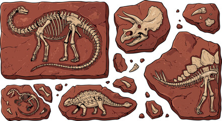 Dinosaur fossil skeleton vector illustration set featuring ancient bone remains embedded in rock for paleontology education museum archeology and prehistoric design vector. © Sariful
