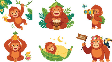 Naklejka premium Cute Kawaii Orangutan and Monkey Jungle Character Sticker Set Featuring Playful Primates Swinging Eating Banana Playing Drum Sleeping and Exploring
