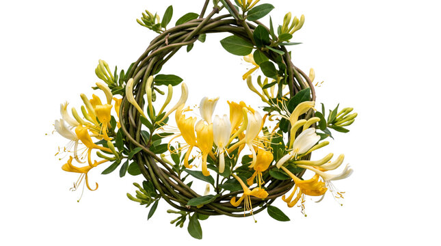 Rustic honeysuckle wreath with yellow and white flowers, natural vine floral circle on white background, spring botanical decoration