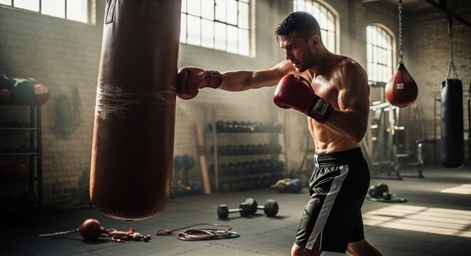 Young male boxer training with punching bag. Male athlete practicing boxing techniques in gym for fitness and skill development.
