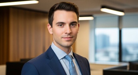 Fototapeta premium Confident young professional man in business suit. Business executive preparing for a meeting in modern office setting.