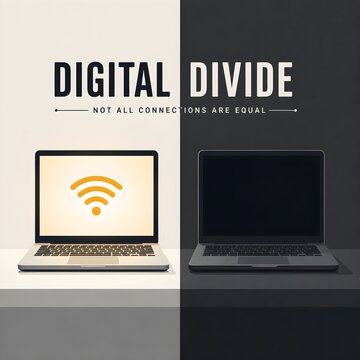 Digital divide concept connected and disconnected laptop not all connections equal