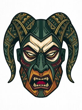 Tribal Shaman Warrior Mask Illustration with Horns and Geometric Patterns
