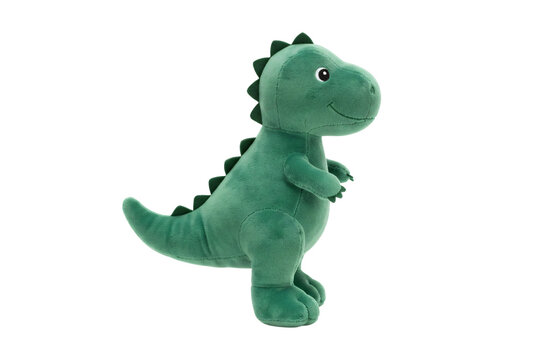 A cute green plush t-rex dinosaur stuffed toy standing upright with a friendly smile and soft scales.