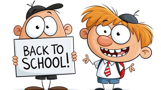 Cute cartoon schoolboy with a back to school sign on a white background, animation