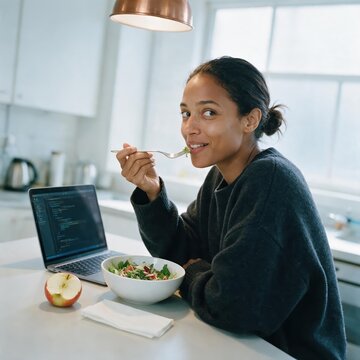 Generative AI, Woman eating healthy salad while working on laptop in home kitchen