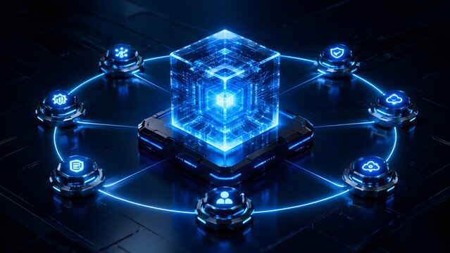 Glowing digital circuit cube on network platform with security and cloud computing interface nodes