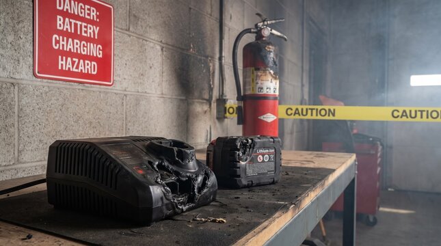 Burnt lithium ion battery and charger on a table with safety signs with fire extinguisher background table caution tape damaged lithium industrial precaution emergency with equipment