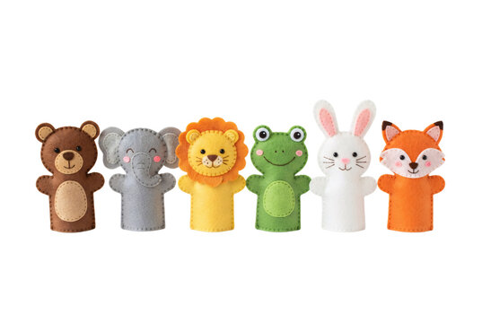Set of six cute colorful felt animal finger puppets for kids play