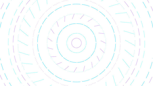 Dynamic digital illustration with colorful blue and purple dashed concentric circles creating rhythmic hypnotic motion effects