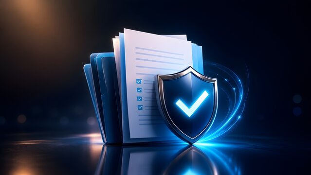 Glowing blue shield with checkmark protecting a stack of documents representing data security and compliance
