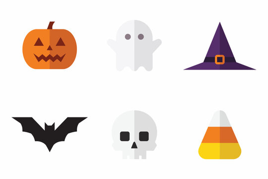 A collection of colorful flat design icons featuring classic halloween symbols including a pumpkin ghost witch hat bat skull and candy corn for holiday decoration