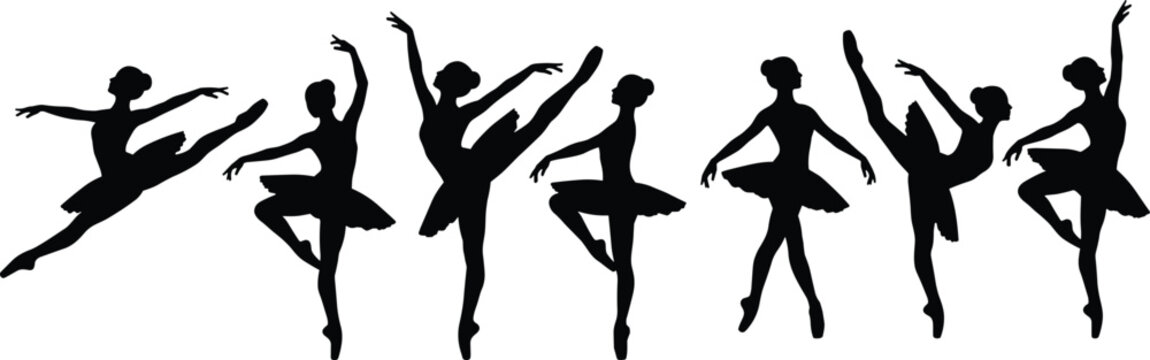 Set of black and white vector ballerina silhouettes and dance poses for performing arts design