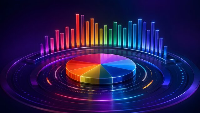 Glowing 3D colorful pie chart and neon bar graph on a dark high-tech circular platform representing digital data analytics and financial growth