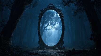 Fototapeta premium Antique ornate mirror reflecting a misty dark forest at twilight